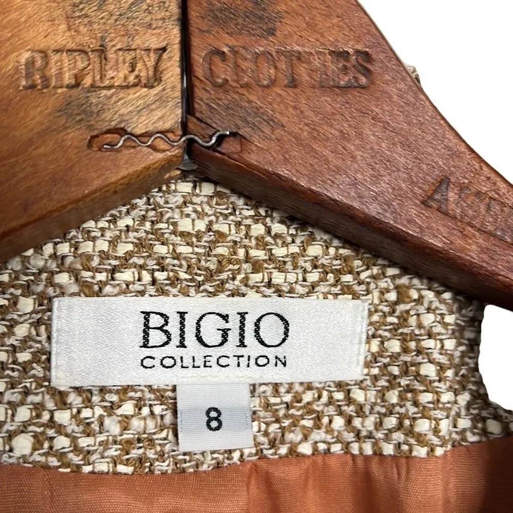 Bigio Collection Tweed Two Button Notch Lapel Fully Lined Blazer Tan‎ Size 8